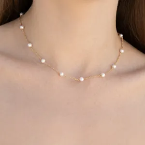Minimalist Stainless Steel Freshwater Pearl Necklace Women 18K Gold Plated Round Bead Chain Choker Daily Party Jewelry