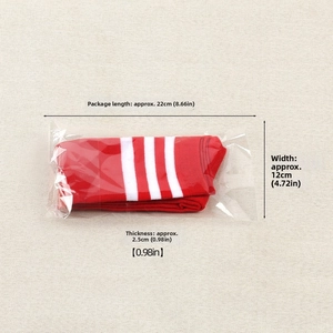 Folded red and white striped knee-high socks in clear plastic packaging