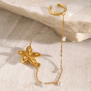 Starfish Ear Stud And Ear Cuff Integrated Chain 18K Gold Plated Stainless Steel Zircon Ocean Jewelry For Women