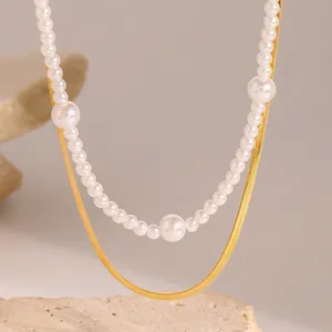 Layered Artificial Pearl Necklace Gold Plated Stainless Steel Herringbone Snake Chain Waterproof Hypoallergenic Jewelry Women