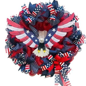 American patriotic eagle wreath with red white blue ribbons for Independence Day door decor