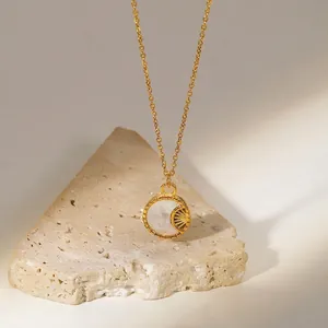 Round Pendant Necklace 18K Gold Plated Stainless Steel White Mother Of Artificial Pearl Moon Relief Vintage Style For Women