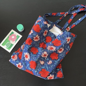 Detail showing the floral pattern on a traditional Indian block print cotton tote bag