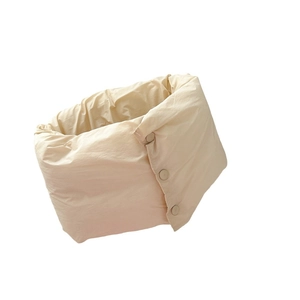 Creamy white padded winter neck warmer with adjustable button closure for unisex styling