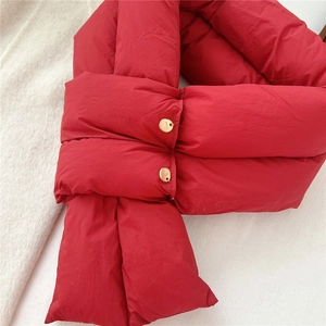 Quilted bright red down scarf for winter with decorative golden emo buckle hardware