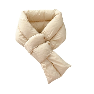Beige quilted padded scarf for winter with cross design and wooden button details