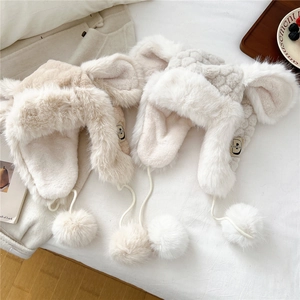 Thick plush winter earflap hats with cute animal ears and soft pom-poms for women