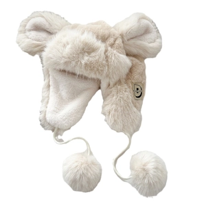 Thick plush winter aviator hat with bear ears and fluffy pom-pom ties for women