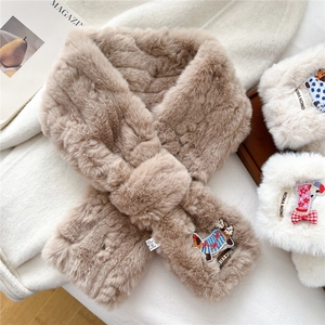 Winter faux fur neck warmer with embroidered cartoon dog patches in khaki and cream white