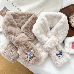 Winter Faux Fur Scarf For Women Thickened Warm Cross Pull Through Plush Neck Warmer With Cute Cartoon Dog Embroidery