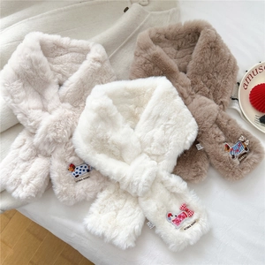 Winter faux fur neck warmer with cute puppy embroidery and cross-over slit in three colors