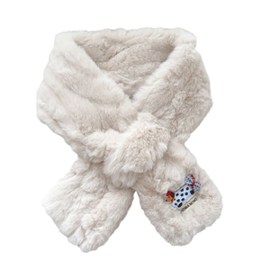 White plush faux fur scarf with cute dog embroidery and soft cross collar design