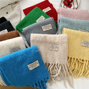 Thick solid knit scarf with fringe and minimalist woven label in various vibrant colors