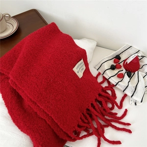 Detail of red chunky knit scarf featuring long tassels and woven label in cozy winter setting