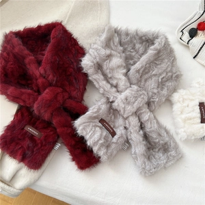 Plush faux fur crossover neck warmer scarves in burgundy, grey, and cream white colors