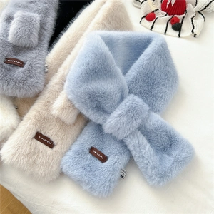 Thick faux fur cross-over winter scarf in multiple colors with stylish leather label