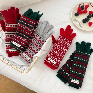 Winter double-layered Fair Isle knit gloves in various colors with ribbed cuffs
