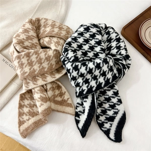 Classic houndstooth knitted winter scarf in khaki and black, stylish and thick for warmth