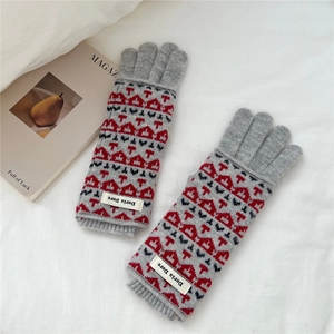 Detail of gray knitted gloves with red pattern and brand label on white fabric