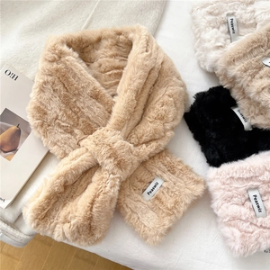 Cross plush faux fur winter scarf with wavy texture in khaki, white, and black