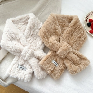 Cross-style plush winter scarves in beige and brown with soft wavy faux fur texture