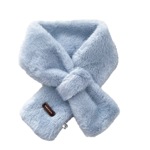 Soft light blue faux fur cross-over winter scarf with leather label detail