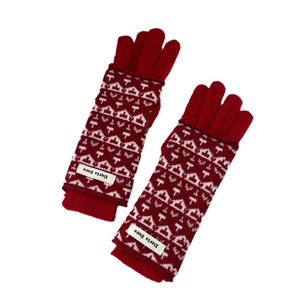 Winter knitted gloves with two-finger touch screen design and red jacquard pattern