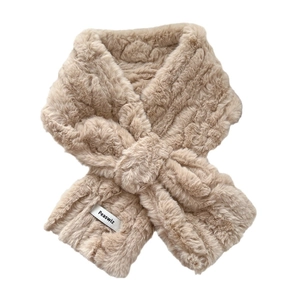 Thick plush faux fur neck warmer scarf in light brown with cross-over design