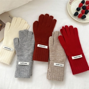 Gants Tricotés Pour Femmes Hiver Thermique Doux Imitation Cachemire Doigts Complets Écusson Lettre Poignets Nervurés Chaud Extérieur