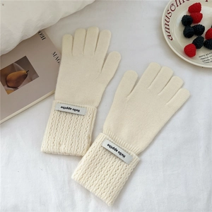 Gros plan de gants en tricot crème avec poignets côtelés et écussons élégants d'hiver