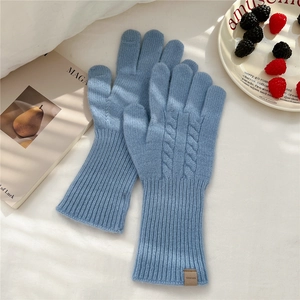 Close-up of light blue cable knit wool gloves with textured ribbed cuff and leather tag