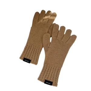 Beige 100% wool knitted gloves for winter featuring a classic cable knit cuff and thumb slit