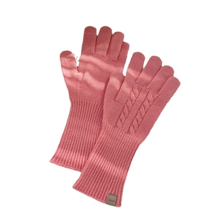 Pink 100% wool knitted gloves with cable pattern and touch screen fingers for winter