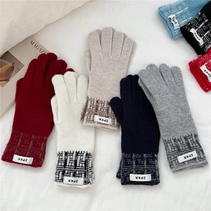 Gants d'Hiver en Laine Tricotée pour Femmes Deux Doigts Exposés Poignet à Carreaux Gants sans Doigts Chauds Épais