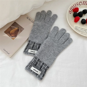 Texture détaillée de gants en tricot gris épais avec poignet tressé et étiquette