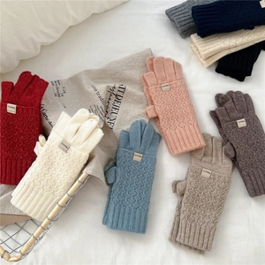 Winter thermal knit gloves with diamond pattern and ribbed cuffs in multiple colors