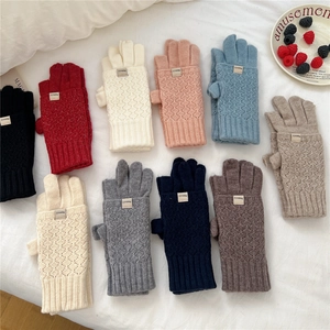 Diamond pattern knit fingerless gloves for women in nine colors with convertible flap