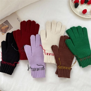 Women Winter Knitted Warm Gloves With Contrast Hand-Stitched Line Two Fingers Exposed Touchscreen Mittens For Cycling Writing