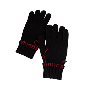 Thick black knit gloves for women with red embroidery and warm ribbed wrists for winter
