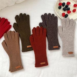 Gants en Tricot pour Femmes Doigts Séparés Hiver Chauds Poignets Côtelés Avec Étiquette en Cuir Couleur Unie Écran Tactile Accessoires