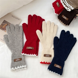 Women's Winter Warm Knitted Gloves Scalloped Lace Trim With Leather Patch Touchscreen Outdoor Riding Driving Wool Blend Mittens