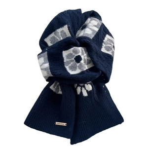 Navy blue knit wool scarf with floral jacquard pattern and premium gold metal tag