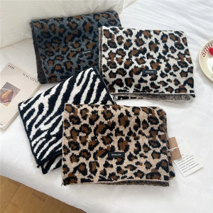 Women's Winter Leopard Zebra Print Wool Blend Knitted Scarf Soft Warm Fashion Long Scarf Neck Warmer Elegant Pashmina Shawl