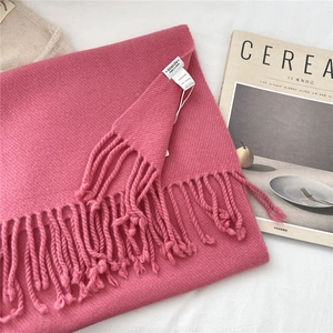 Detailed close-up of pink wool scarf tassels with authentic brand tags and high-end texture