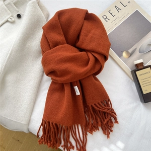 Detail of rust red wool scarf showing tassel edge and 100% wool material label