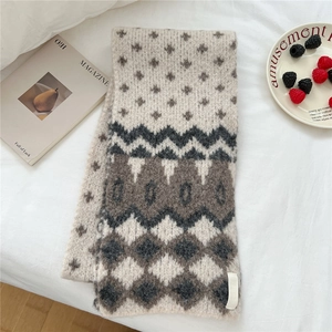Detail of soft knit scarf with geometric patterns and fringe on cozy white background