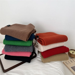Women Korean Style Solid Color 100 Percent Wool Knitted Scarf Winter Warm Thick Ribbed Tassel Soft Chic Minimalist Neck Scarf