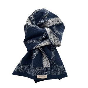 Navy blue geometric diamond knit scarf with ACT SURPRISE label for winter warmth