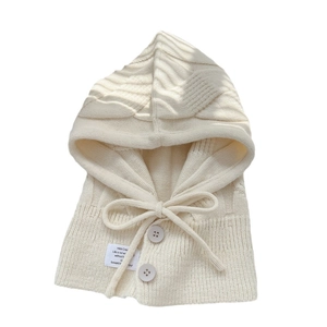 Cream knit balaclava hood scarf with drawstring and buttons on a white background