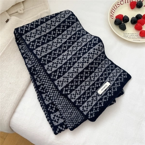 Detail of 100% wool scarf showing thick knitted texture and geometric jacquard pattern